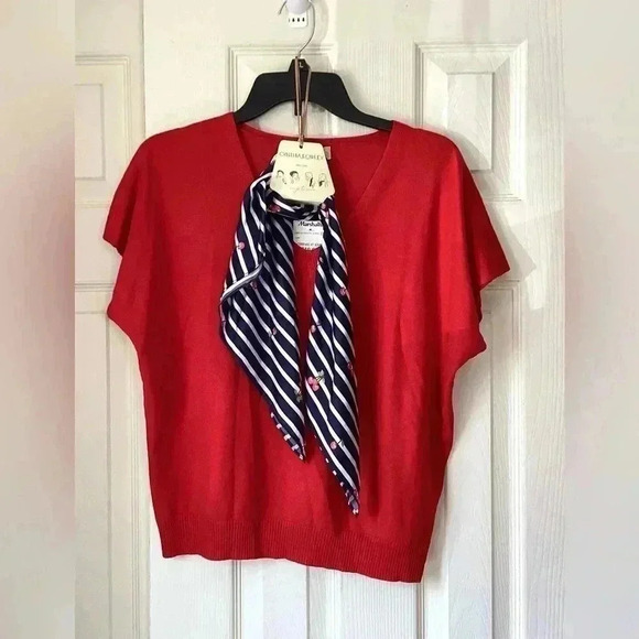Cynthia Rowley  NWT Women’s Large Red Knit Short Sleeve Top with Scarf - Picture 1 of 7